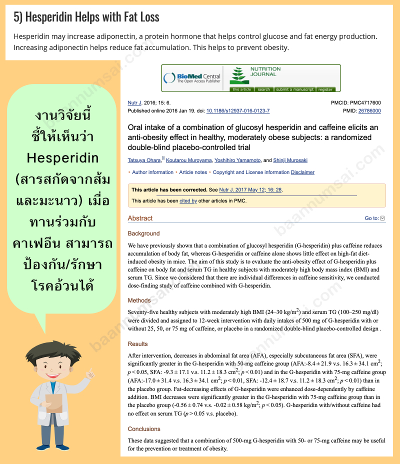 งานวิจัยนี้ ชี้ให้เห็นว่า  Hesperidin  (สารสกัดจากส้ม และมะนาว) เมื่อ ทานร่วมกับ คาเฟอีน สามารถ ป้องกัน/รักษา โรคอ้วนได้ 